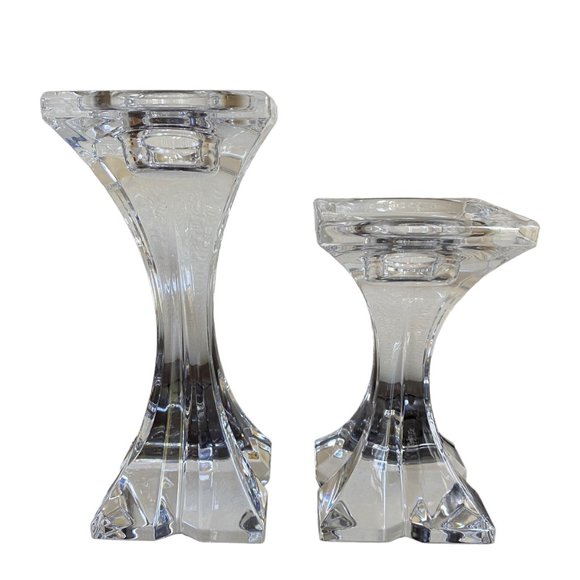 2 Pillar Clear Glass 24% Crystal Lead Candle Holders Slovenia 9" & 6" Tall - Picture 5 of 16
